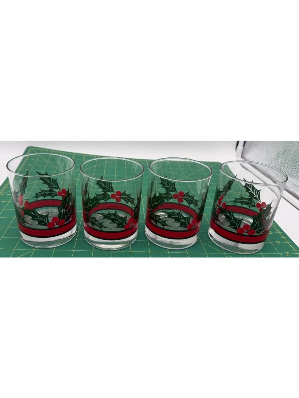 Vintage LIBBEY Holly & Berries Ribbon 4" Old Fashioned Rocks Glasses Set Of 4